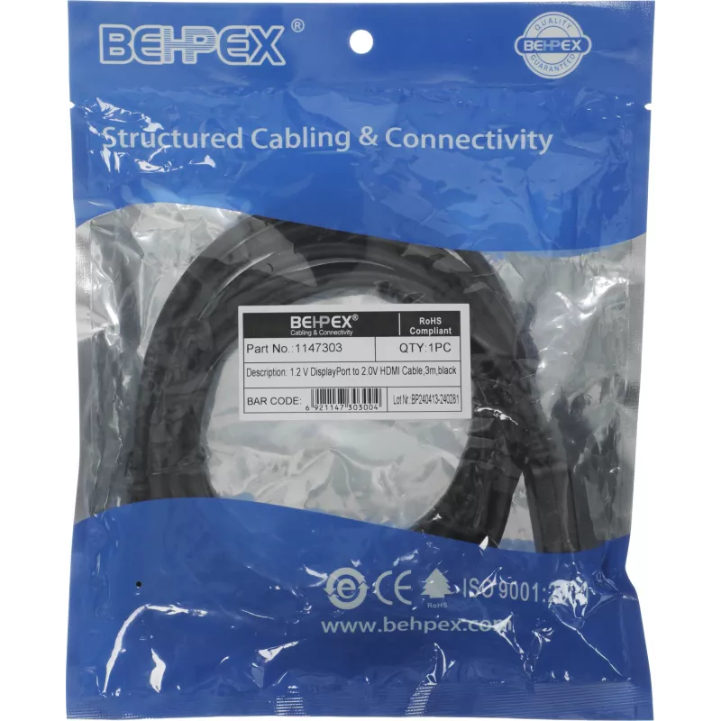 Кабель 1.2v ver2.0 DisplayPort (m) HDMI (m) 3м черный