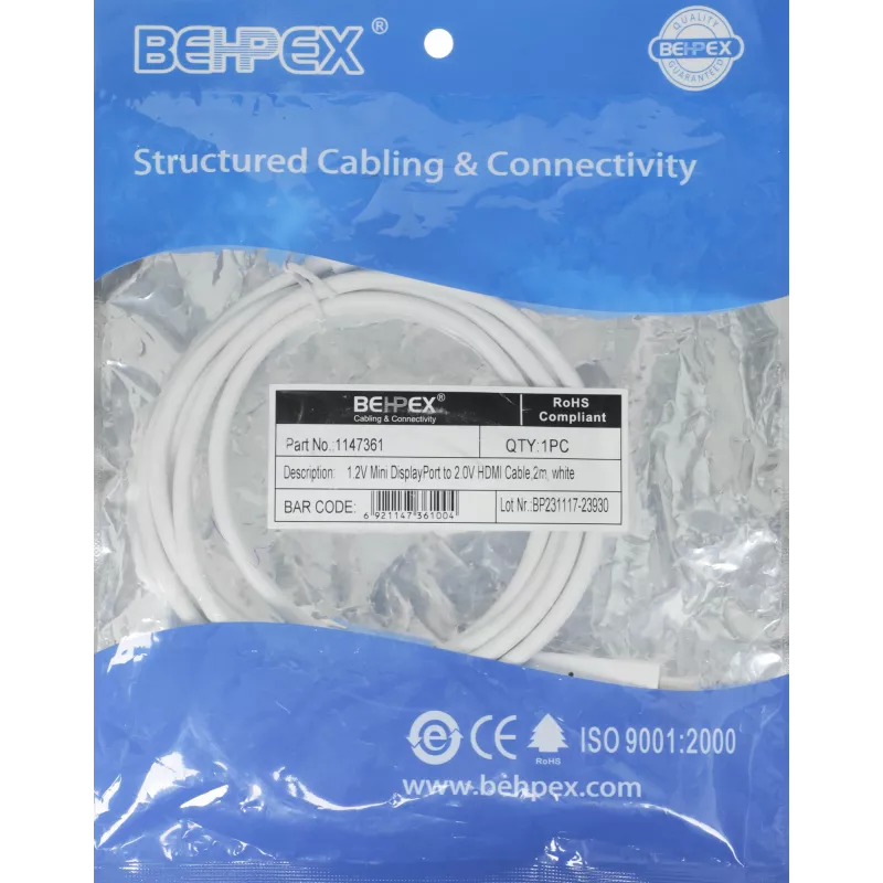 Кабель 1.2v miniDisplayPort (m) HDMI (m) 2м белый
