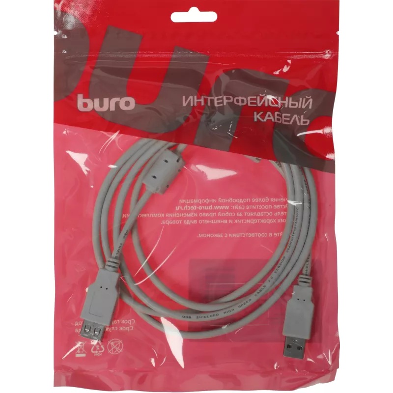 Кабель Buro USB A(m) USB A(f) 1.8м (USB2.0-AM-AF-1.8M-MG) феррит.кольца серый
