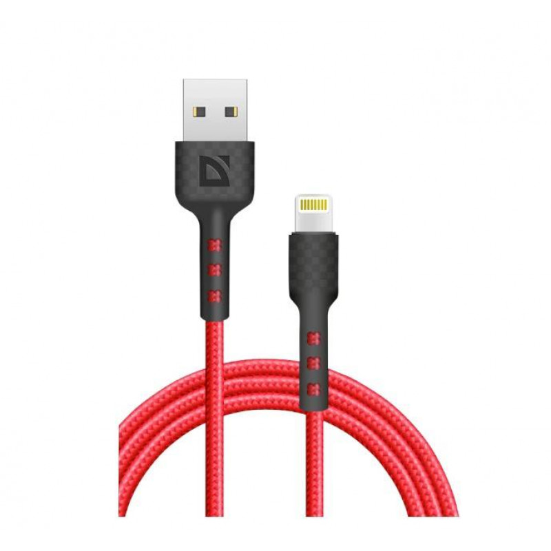 Defender Кабель F181, USB 2.0 (AM) - Apple Lightning (M), 1метр, 2.4А, нейлоновая оплетка, красный.