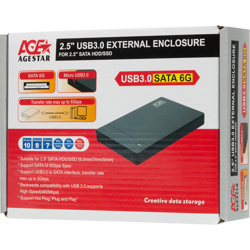 Внешний корпус для HDD/SSD AgeStar 3UB2P3 SATA III USB3.0 пластик черный 2.5