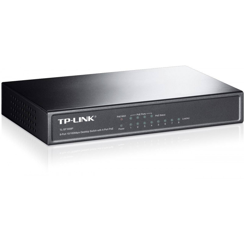 TP-Link TL-SF1008P 8-портовый настольный коммутатор 10/100 Мбит/с с 4 портами PoE+, стальной корпус
