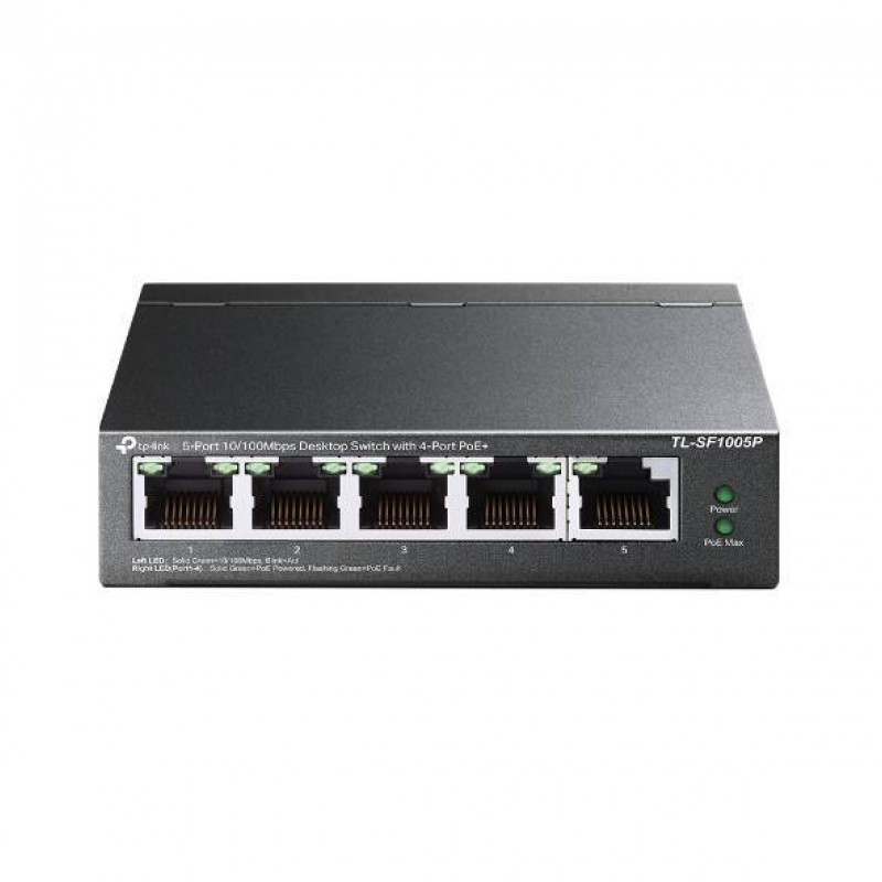 TP-Link TL-SF1005P 5-портовый настольный коммутатор 10/100 Мбит/с с 4 портами PoE+, стальной корпус