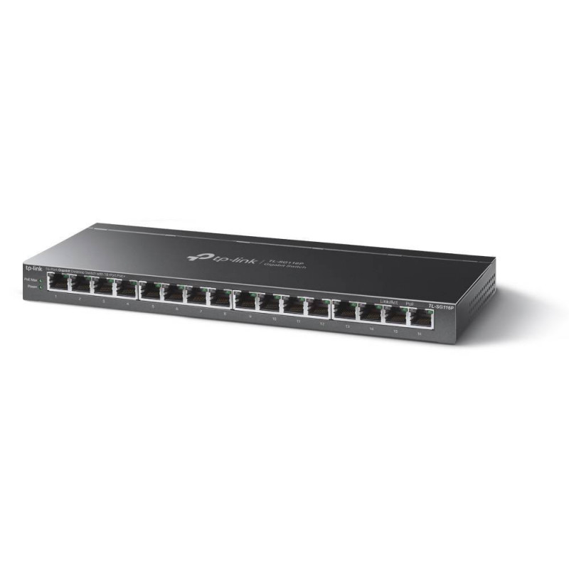 TP-Link TL-SG116P Настольный коммутатор с 16 гигабитными портами PoE+, бюджет PoE — 120 Вт, стальной корпус