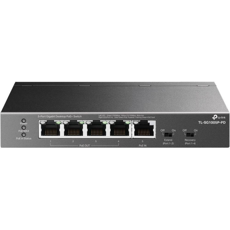 TP-Link TL-SG1005P-PD Настольный коммутатор с 5 гигабитными портами (1 порт с входящим PoE++, 4 порта с исходящим PoE+)