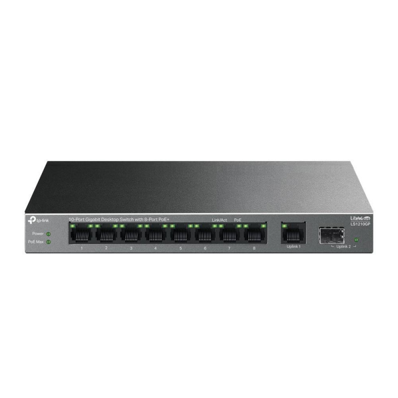 TP-Link LS1210GP Настольный коммутатор с 9 гигабитными портами RJ45 (8 портов PoE+) и портом SFP