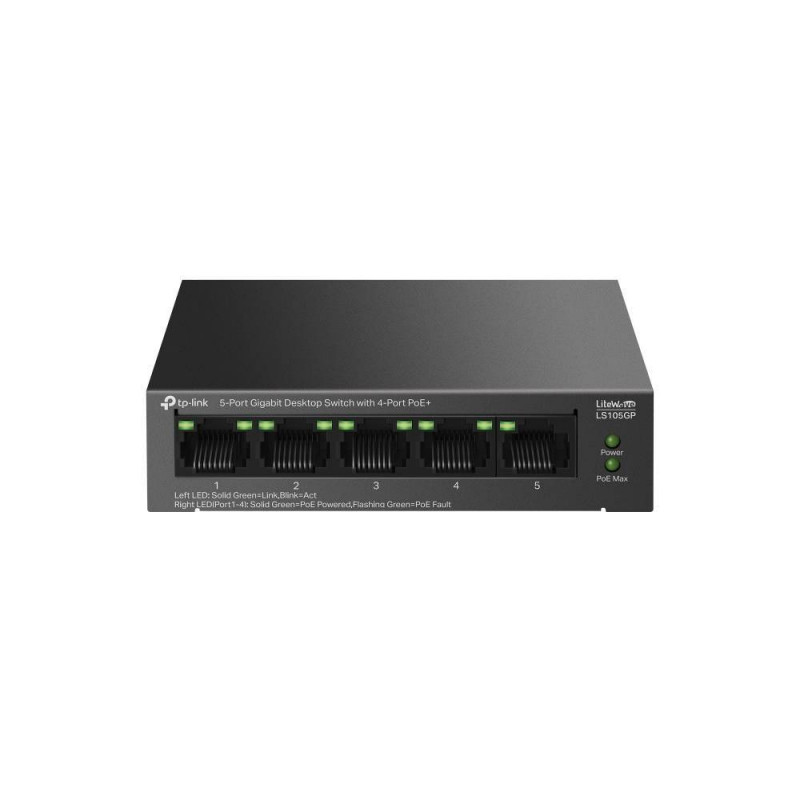 TP-Link LS105GP Настольный коммутатор с 5 гигабитными портами (4 порта PoE+), бюджет PoE — 65 Вт