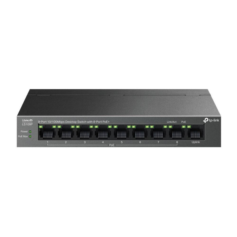 TP-Link LS109P Настольный коммутатор с 9 портами 10/100 Мбит/с (8 портов PoE+), стальной корпус