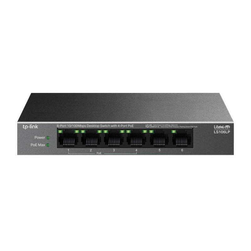 TP-Link LS106LP Настольный коммутатор с 6 портами 10/100 Мбит/с (4 порта PoE), стальной корпус