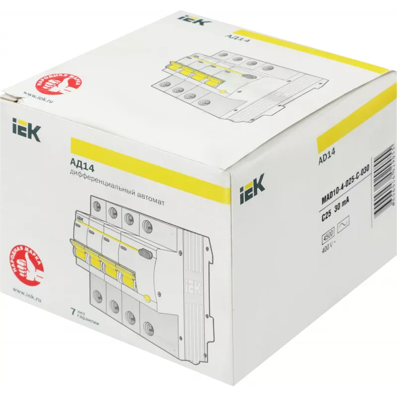 Выключатель автом. дифф. тока IEK MAD10-4-025-C-030 АД14 25A тип C 4.5kA 30мА AC 4П 230/400В 5мод белый (упак.:1шт)