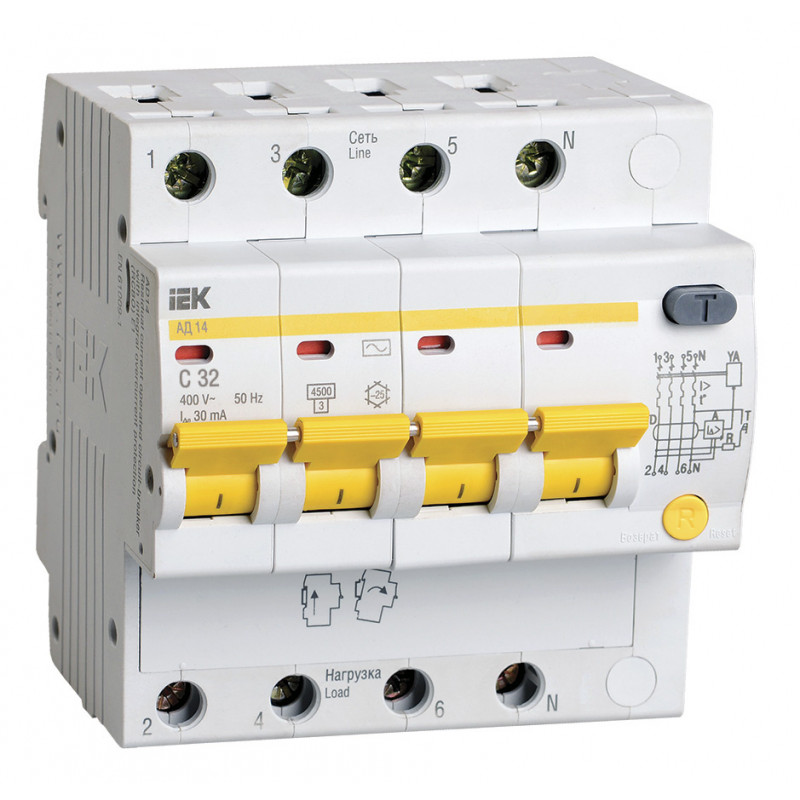 Выключатель автом. дифф. тока IEK MAD10-4-032-C-030 АД14 32A тип C 4.5kA 30мА AC 4П 400В 5мод белый (упак.:1шт) Выключатель автом. дифф. тока IEK MAD10-4-032-C-030 АД14 32A тип C 4.5kA 30мА AC 4П 400В 5мод белый (упак.:1шт)