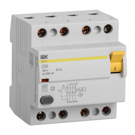 Выключатель дифф.тока УЗО IEK MDV10-4-025-300 ВД1-63 25A 300мА AC 4П 400В 4мод белый (упак.:1шт)