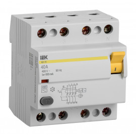 Выключатель дифф.тока УЗО IEK MDV10-4-040-100 ВД1-63 40A 100мА AC 4П 400В 4мод белый (упак.:1шт)