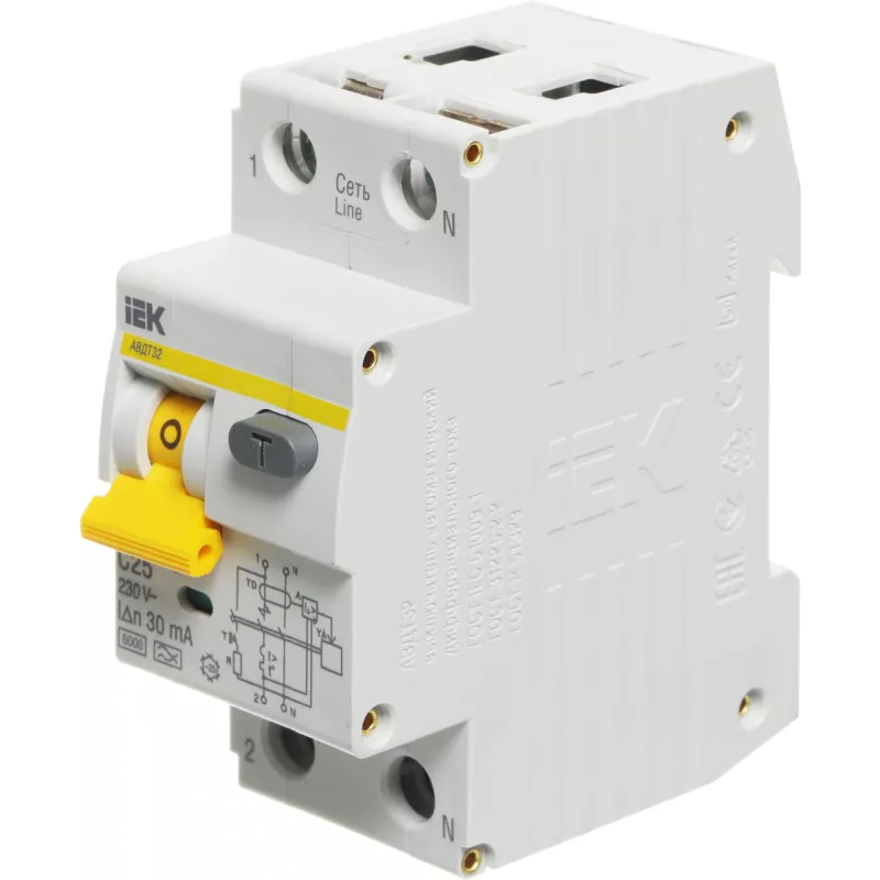 Выключатель автом. дифф. тока IEK MAD22-5-025-C-30 АВДТ 32 25A тип C 6kA 30мА A 1П+Н 230В 2мод белый (упак.:1шт)