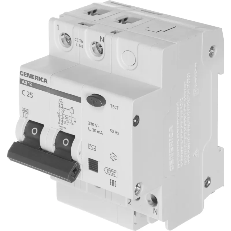 Выключатель автом. дифф. тока IEK MAD15-2-025-C-030 АД12 Generica 25A тип C 4.5kA 30мА AC 2П 230В 4мод серый (упак.:1шт)