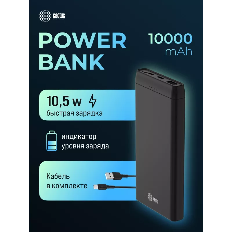 Мобильный аккумулятор Cactus CS-PBFSFT-10000 10000mAh 10.5W 2.1A 2xUSB-A черный
