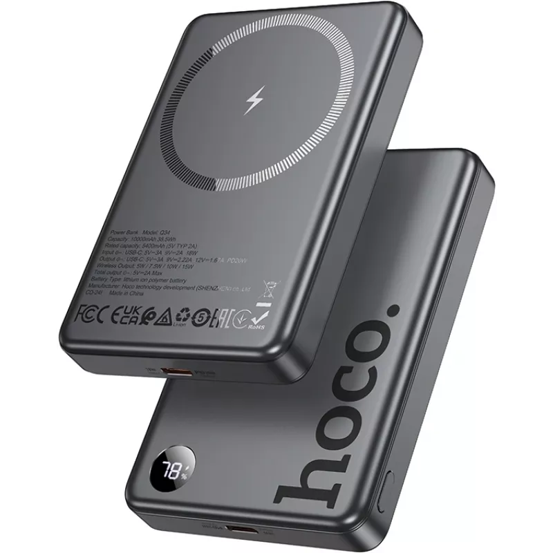 Мобильный аккумулятор Hoco Q34 Clever 10000mAh QC3.0/PD3.0 20W 3A беспров.зар. серый (44068)
