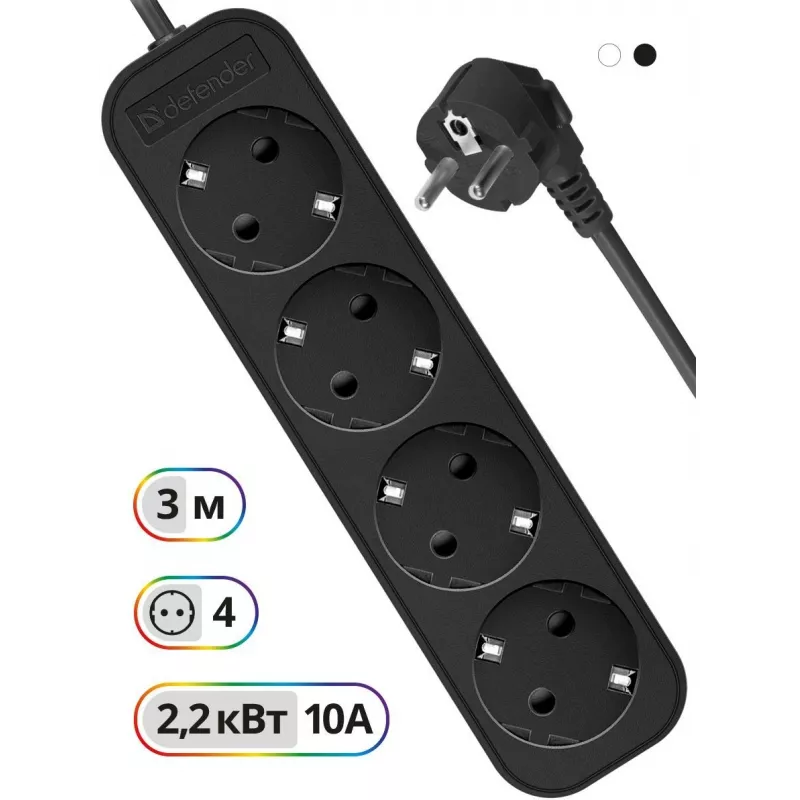 Сетевой удлинитель Defender M430 3м (4 розетки) черный (коробка)