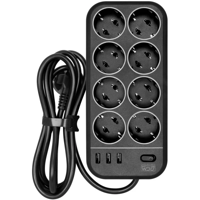 Сетевой фильтр Powercom SP-08 USB03AB 1.8м (8 розеток) черный (коробка)