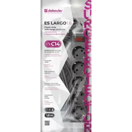 Сетевой фильтр Defender ES largo 1.8м (5 розеток) черный (пакет ПЭ)