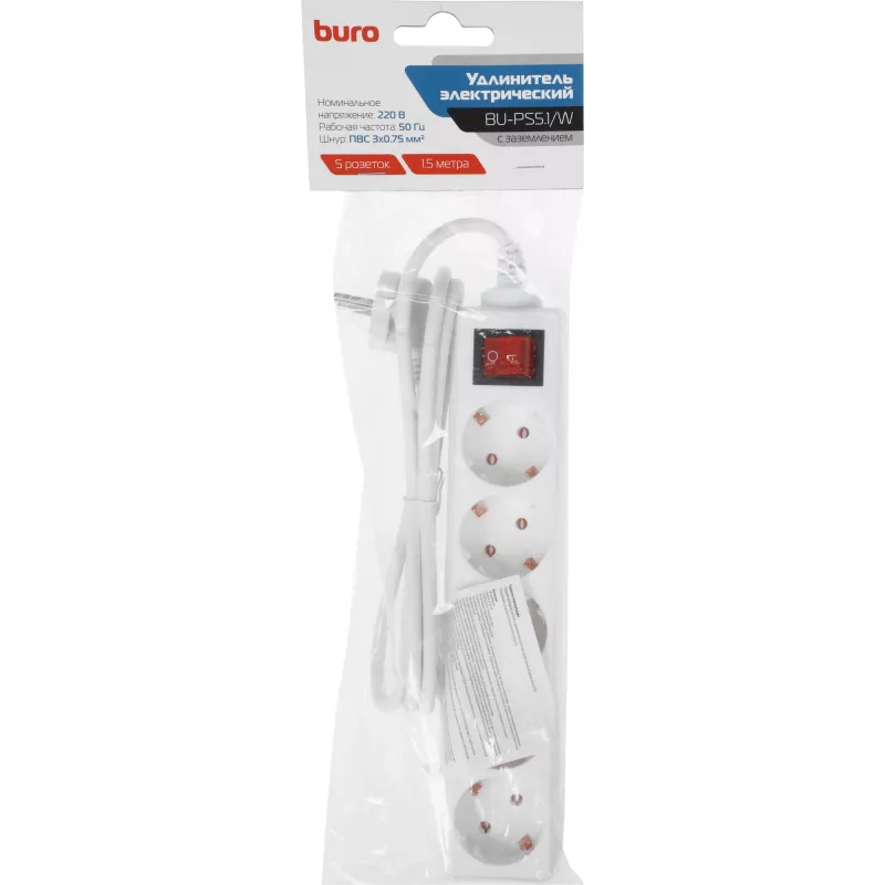 Сетевой удлинитель Buro BU-PS5.1/W 1.5м (5 розеток) белый (пакет ПЭ)