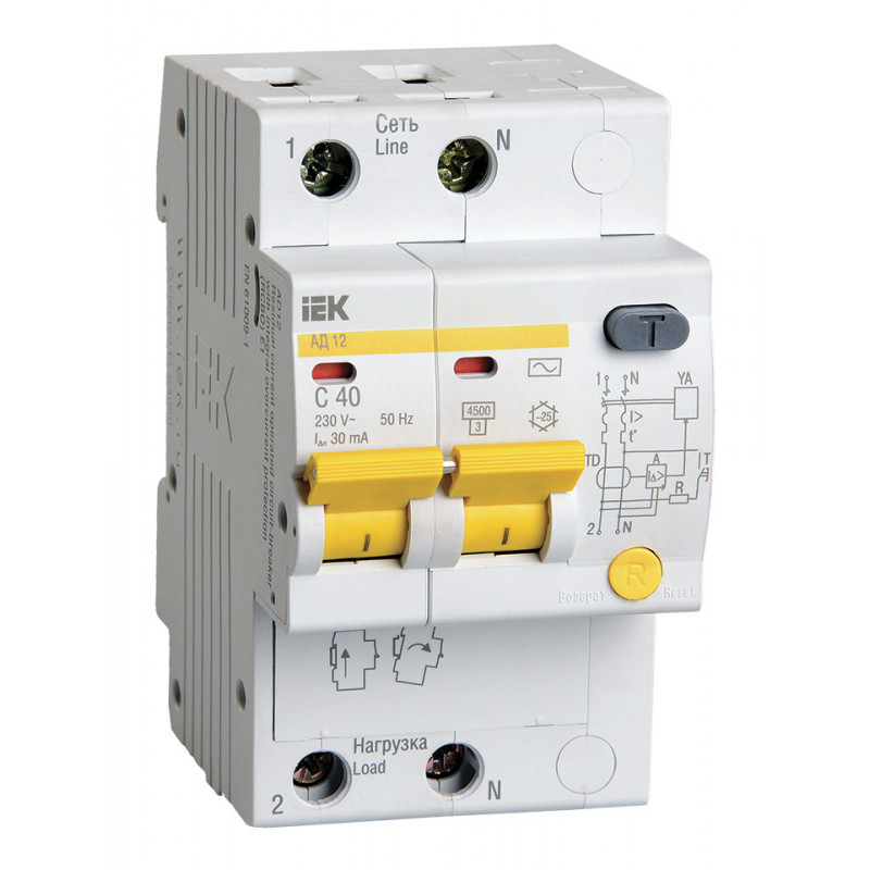 Выключатель автом. дифф. тока IEK MAD10-2-040-C-030 АД12 40A тип C 4.5kA 30мА AC 2П 230В 3мод белый (упак.:1шт) Выключатель автом. дифф. тока IEK MAD10-2-040-C-030 АД12 40A тип C 4.5kA 30мА AC 2П 230В 3мод белый (упак.:1шт)