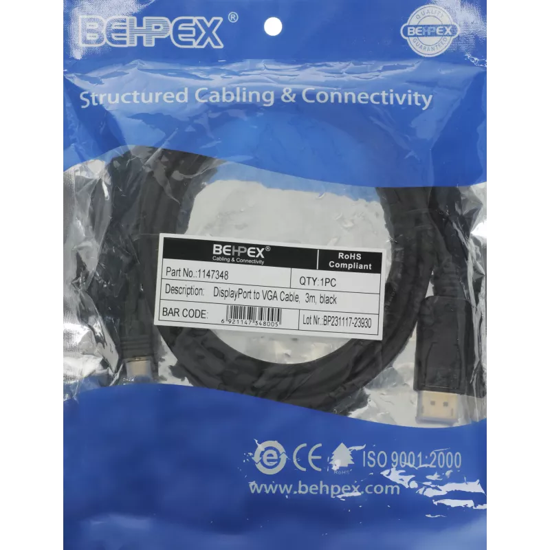 Кабель-переходник видео 1.1v DisplayPort (m)/VGA (m) 3м. черный