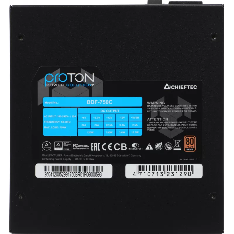 Блок питания Chieftec ATX 750W Proton BDF-750C 80+ bronze 24pin APFC 140mm fan 6xSATA Cab Manag RTL