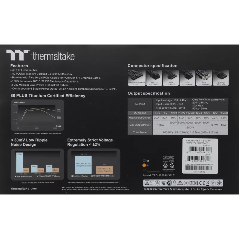 Блок питания Thermaltake ATX 1650W Toughpower TF3 Gen.5 80+ titanium (20+4pin) APFC 140mm fan color LED 16xSATA Cab Manag RTL