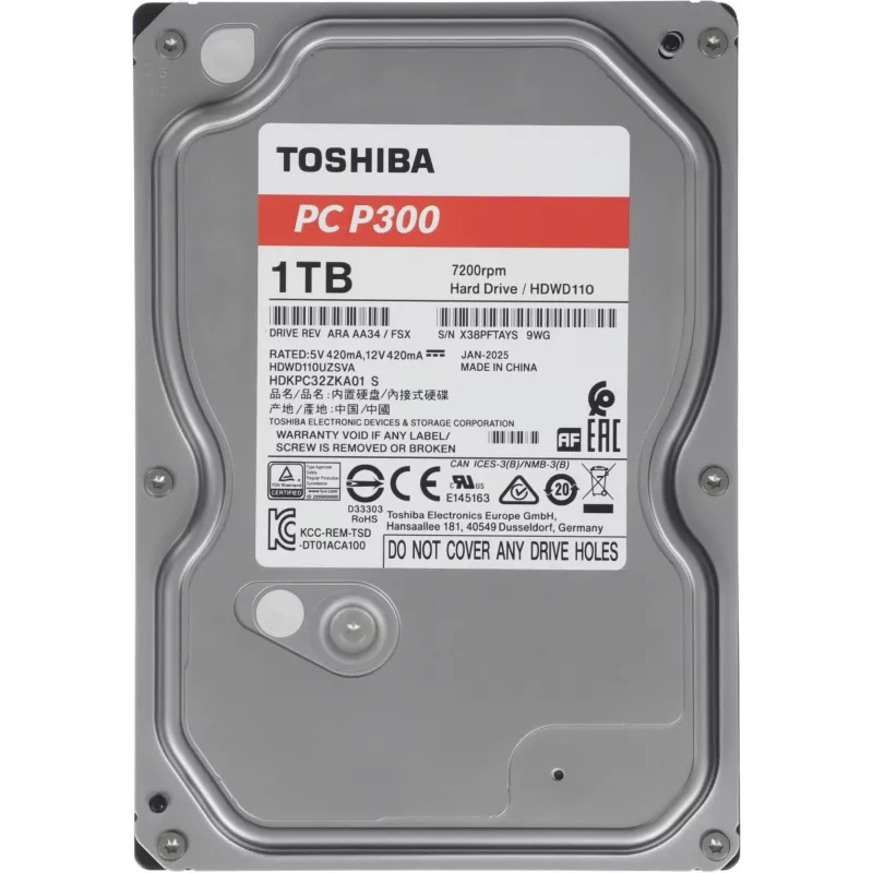 Жесткий диск Toshiba SATA-III 1TB HDWD110UZSVA Desktop P300 4KN (7200rpm) 64Mb 3.5"