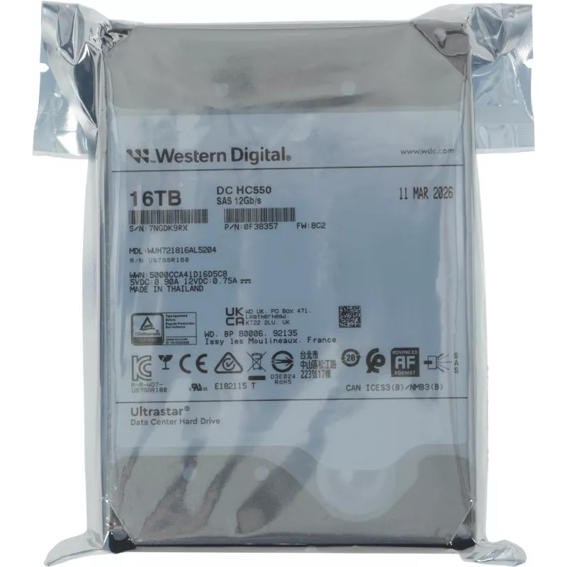 Жесткий диск WD SAS 3.0 16TB 0F38357 WUH721816AL5204 Ultrastar DC HC550 4KN (7200rpm) 512Mb 3.5"