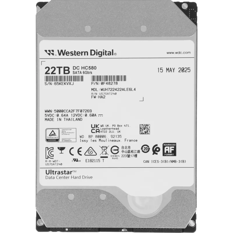 Жесткий диск WD SATA-III 22TB 0F48278/0F62785 WUH722422ALE6L4 Server Ultrastar DC HC580 (7200rpm) 512Mb 3.5"