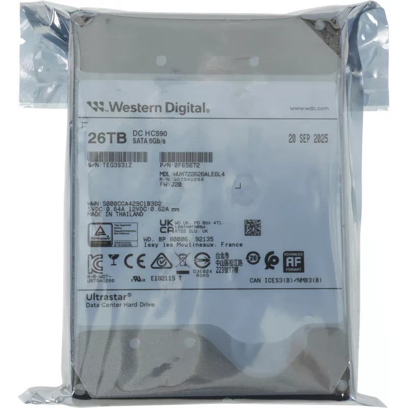 Жесткий диск WD SATA-III 26TB 0F65672 WUH722626ALE6L4 Server Ultrastar DC HC590 4KN (7200rpm) 512Mb 3.5"