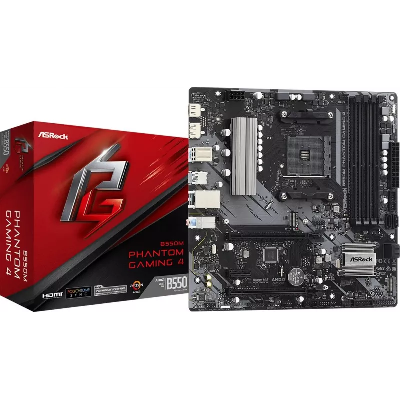 Материнская плата Asrock B550M PHANTOM GAMING 4 Soc-AM4 AMD B550 4xDDR4 mATX AC`97 8ch(7.1) GbLAN RAID+HDMI+DP