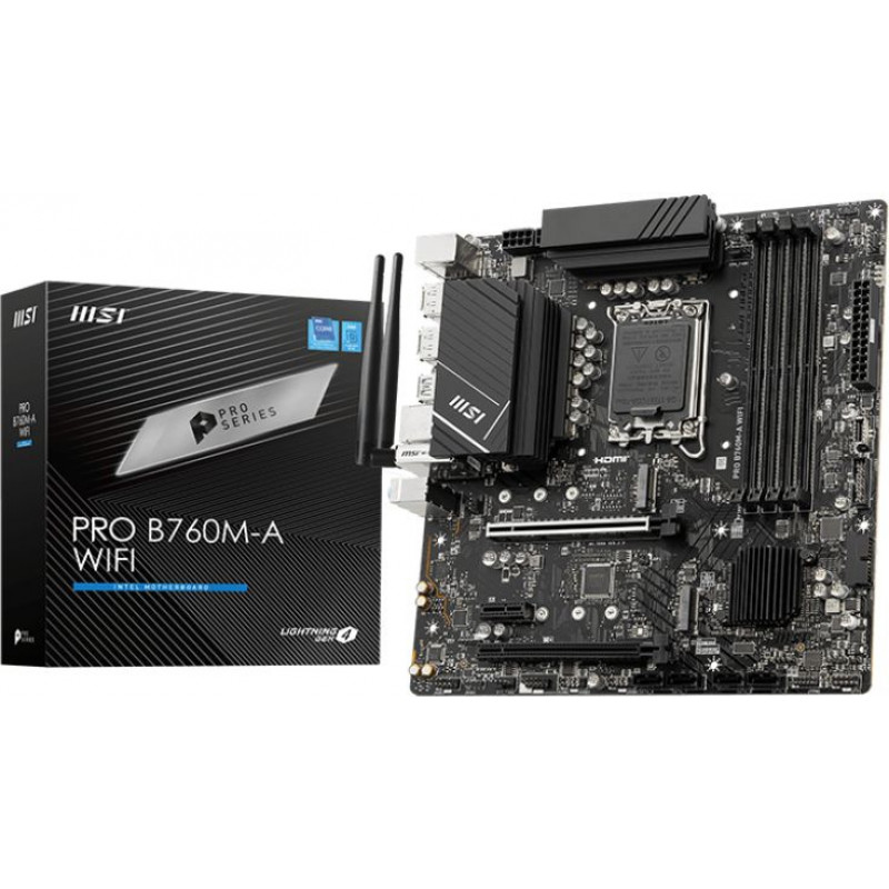 Материнская плата MSI PRO B760M-A WIFI Soc-1700 Intel B760 4xDDR5 mATX AC`97 8ch(7.1) 2.5Gg+HDMI+DP Материнская плата MSI PRO B760M-A WIFI Soc-1700 Intel B760 4xDDR5 mATX AC`97 8ch(7.1) 2.5Gg+HDMI+DP