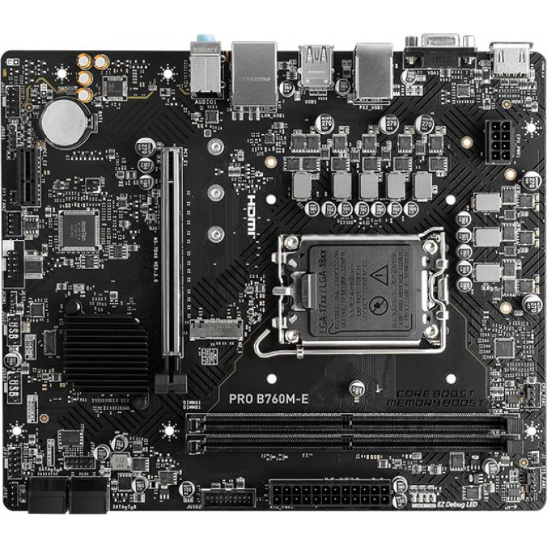 Материнская плата MSI PRO B760M-E Soc-1700 Intel B760 2xDDR5 mATX AC`97 8ch(7.1) GbLAN+VGA+HDMI Материнская плата MSI PRO B760M-E Soc-1700 Intel B760 2xDDR5 mATX AC`97 8ch(7.1) GbLAN+VGA+HDMI