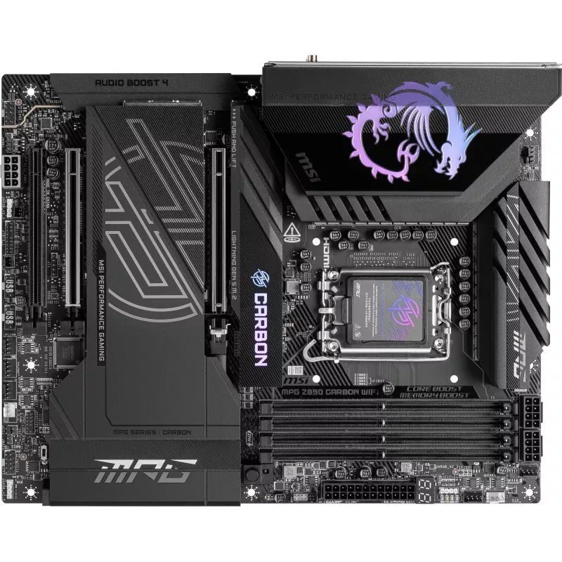 Материнская плата MSI MPG Z890 CARBON WIFI Soc-1851 Intel Z890 4xDDR5 ATX AC`97 8ch(7.1) 5Gigabit + 2.5Gigabit Ethernet RAID+HDMI