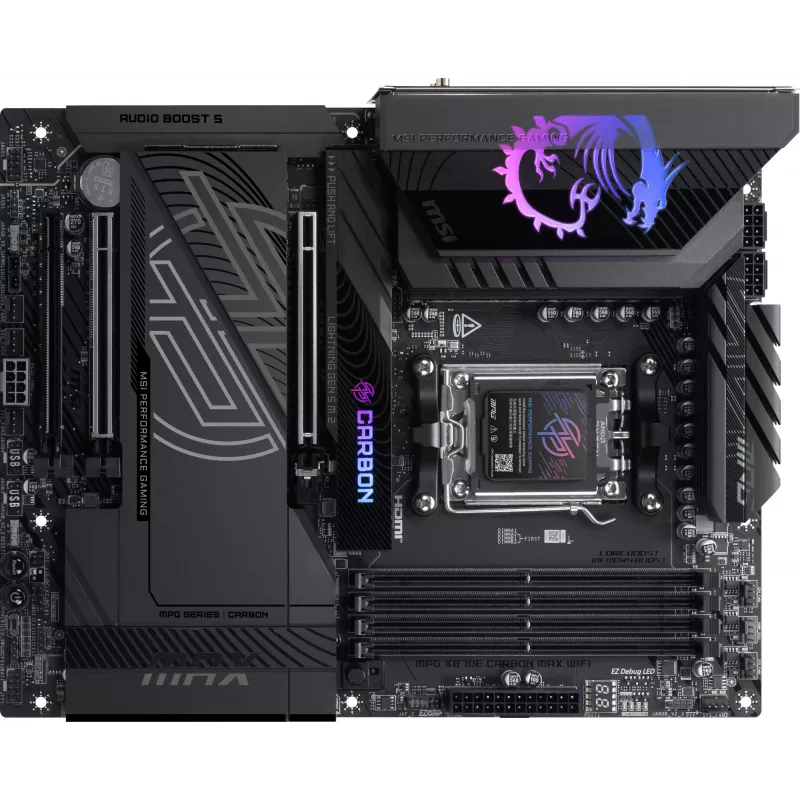 Материнская плата MSI MPG X870E CARBON MAX WIFI Socket AM5 AMD X870E 4xDDR5 ATX AC`97 8ch(7.1) 5Gigabit + 2.5Gigabit Ethernet RAID+HDMI