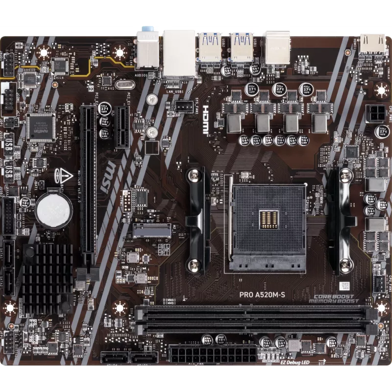 Материнская плата MSI PRO A520M-S Soc-AM4 AMD A520 2xDDR4 mATX AC`97 8ch(7.1) GbLAN RAID+HDMI
