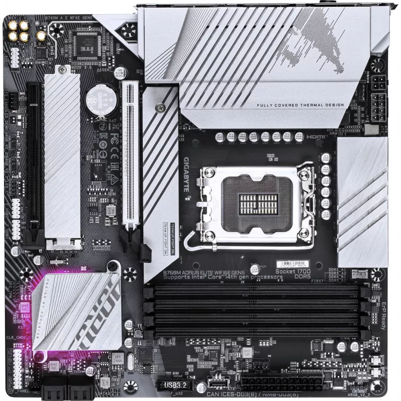 Материнская плата Gigabyte B760M AORUS ELITE WIFI6E GEN5 Soc-1700 Intel B760 4xDDR5 mATX AC`97 8ch(7.1) 2.5Gg RAID+HDMI+DP