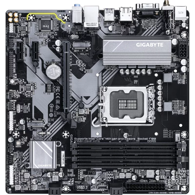 Материнская плата Gigabyte B760M D3HP WIFI6 Soc-1700 Intel B760 4xDDR5 mATX AC`97 8ch(7.1) GbLAN RAID+VGA+HDMI+DP