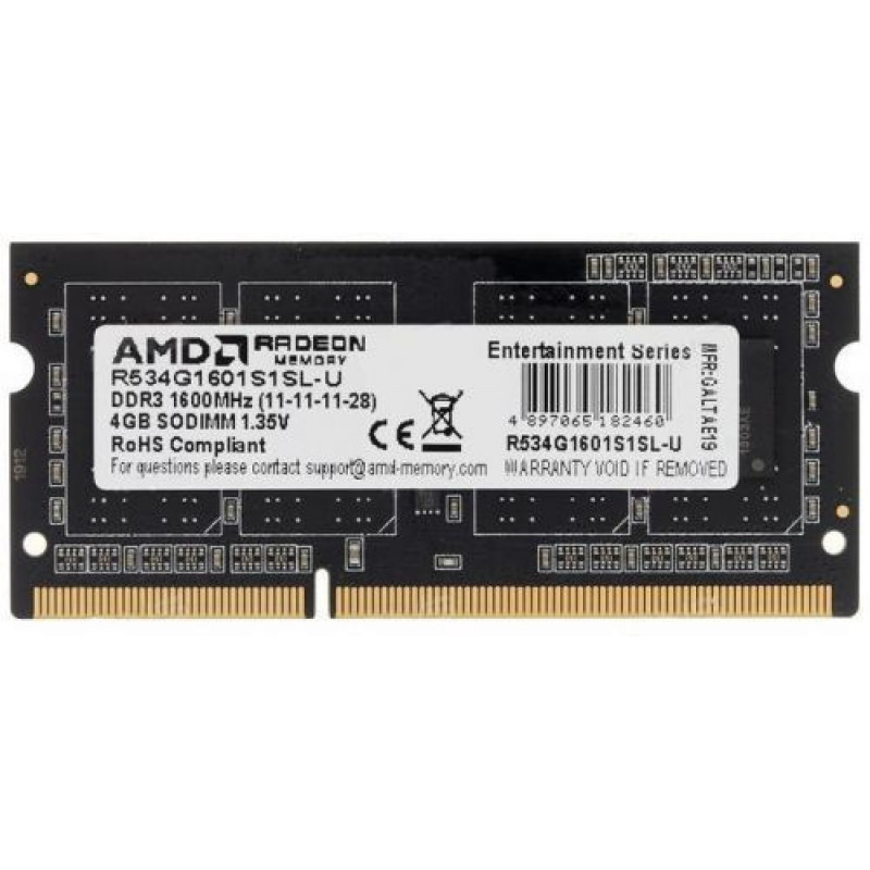 Память DDR3 4Gb 1600MHz AMD R534G1601S1SL-U R5 RTL PC3-12800 CL11 SO-DIMM 204-pin 1.35В Ret Память DDR3 4Gb 1600MHz AMD R534G1601S1SL-U R5 RTL PC3-12800 CL11 SO-DIMM 204-pin 1.35В Ret