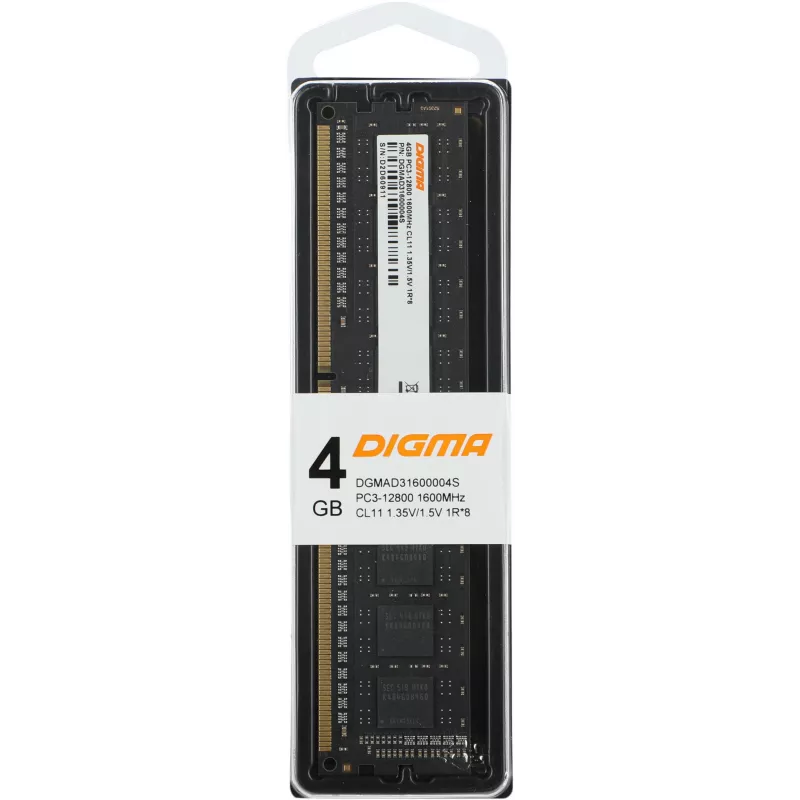 Память DDR3 4GB 1600MHz Digma DGMAD31600004S RTL PC3-12800 CL11 DIMM 240-pin 1.35В single rank Ret