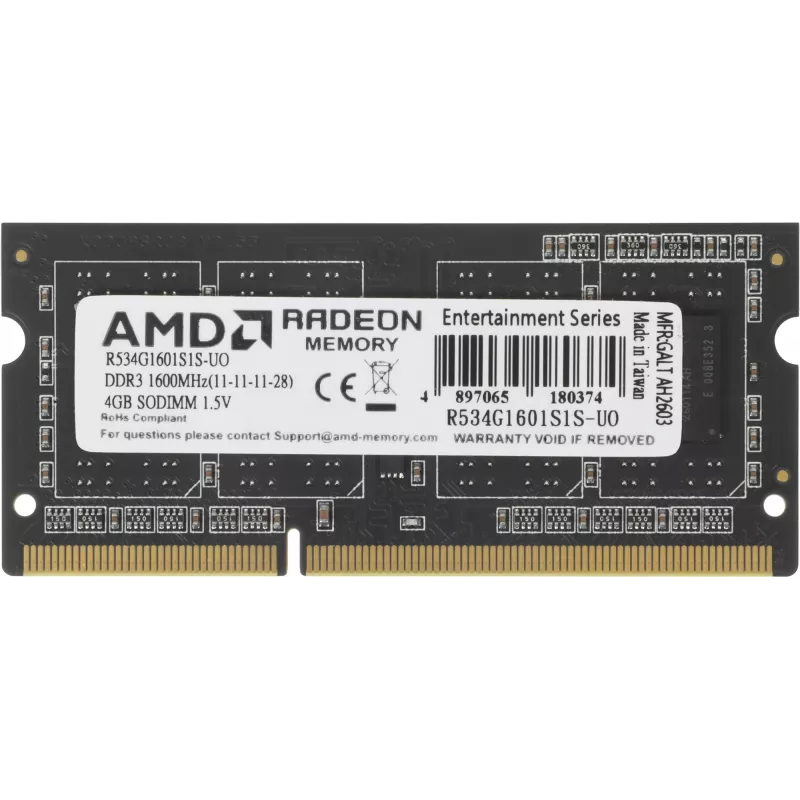 Память DDR3 4Gb 1600MHz AMD R534G1601S1S-UO OEM PC3-12800 CL11 SO-DIMM 204-pin 1.5В OEM