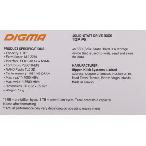  SSD Digma PCIe 40 x4 1TB DGST4001TP83T Top P8 M2 2280