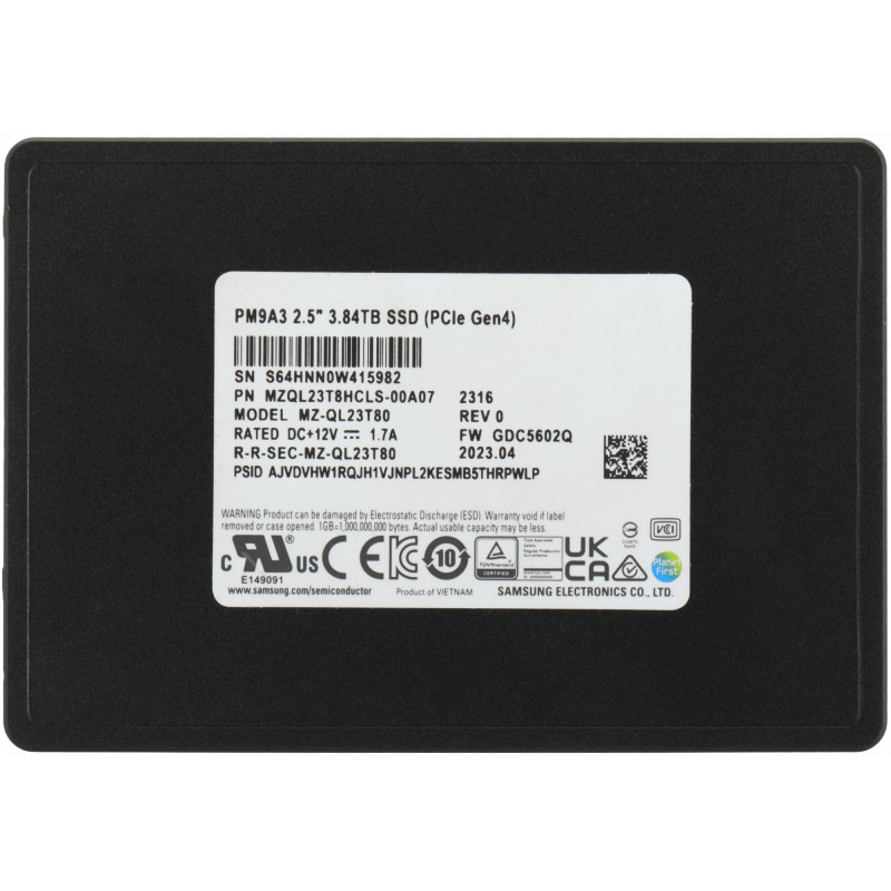 Накопитель SSD Samsung PCIe 4.0 x4 3.84TB MZQL23T8HCLS-00A07 PM9A3 2.5" 1 DWPD OEM Накопитель SSD Samsung PCIe 4.0 x4 3.84TB MZQL23T8HCLS-00A07 PM9A3 2.5" 1 DWPD OEM
