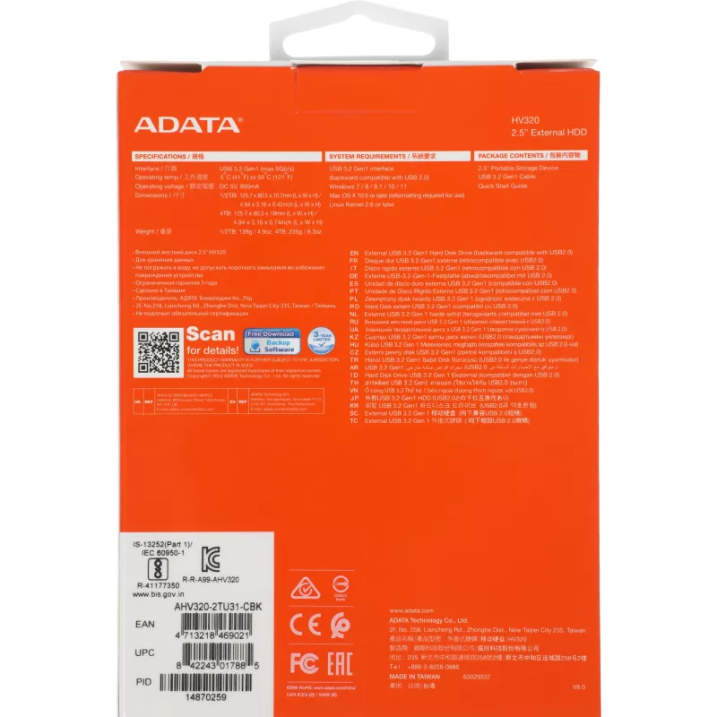 Жесткий диск A-Data USB3.1 2TB AHV320-2TU31-CBK HV320 2.5" черный