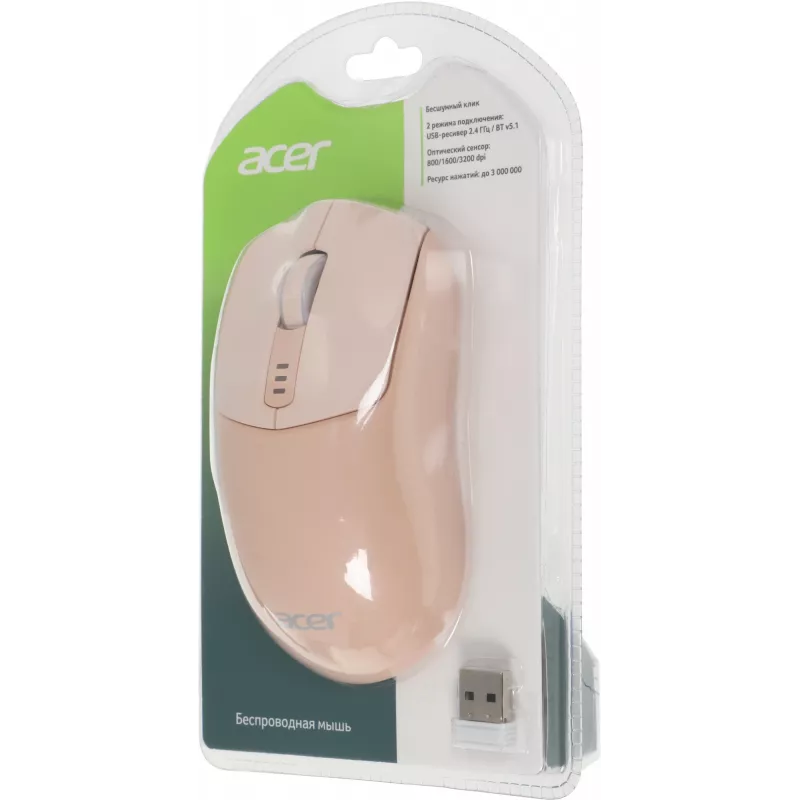 Мышь Acer OMR312 розовый оптическая 3200dpi беспров. BT/Radio USB 5but (ZL.MCECC.036)