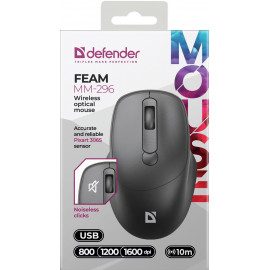 Мышь Defender Feam MM-296 черный оптическая 1600dpi silent беспров. USB 3but (52296)