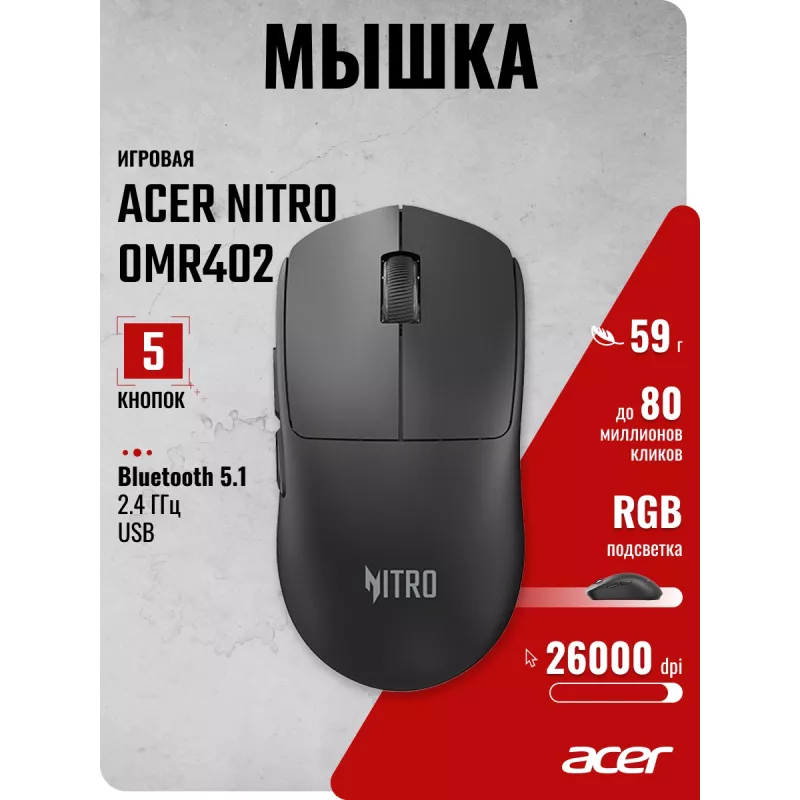 Мышь Acer Nitro OMR402 черный оптическая 26000dpi беспров. BT/Radio USB 5but (ZL.MCECC.05E)